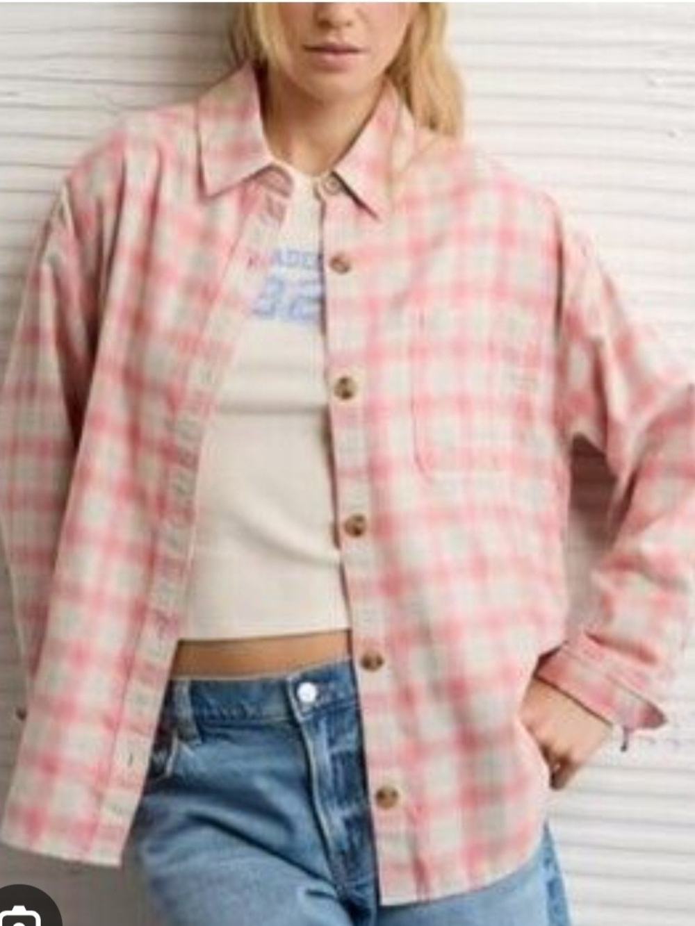 American Eagle Outfitters Pink Plaid Button-Down Shirt Jacket